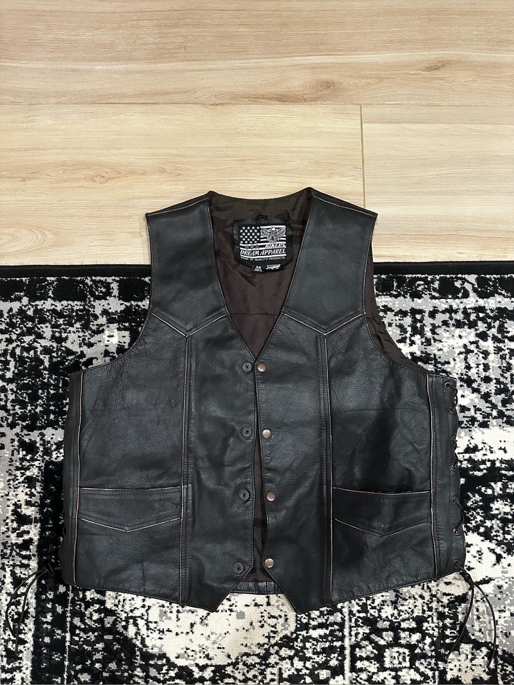 Men's Black Leather Motorcycle Vest - Size 48
